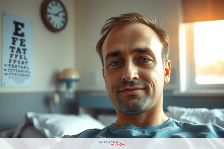 The image depicts a person sitting in a hospital bed. The individual appears to be resting, wearing a green hospital gown. There's also a wall-mounted clock and what seems to be an eye chart. The setting suggests a medical environment where eye care might be administered.