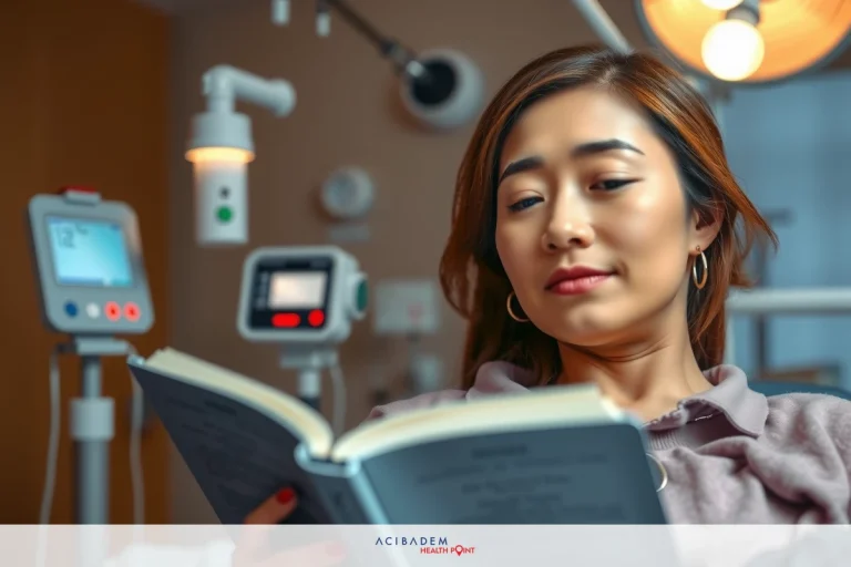 A woman in a hospital bed, comfortably seated with book in hand, engrossed in reading. The environment suggests a medical setting with equipment in the background.