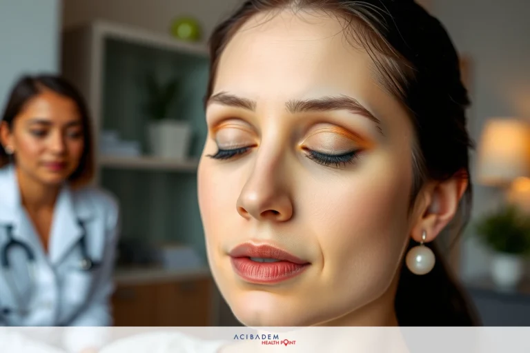 The image shows a woman with her eyes closed and a serene expression, possibly receiving a facial treatment. Another person is present in the background, observing the process.