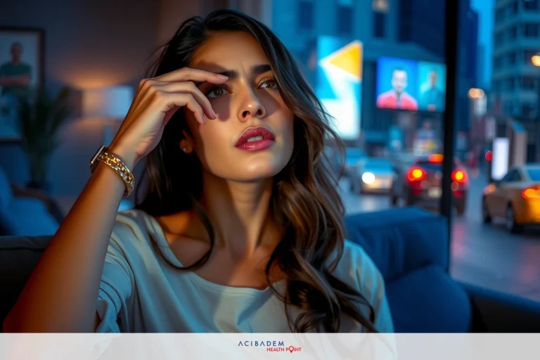 The image shows a young woman sitting on a couch in an urban setting. She appears to be resting her hand on her face, possibly indicating concern or contemplation. The environment suggests she might be waiting for someone or something. The lighting is dim with muted colors, contributing to a relaxed yet introspective atmosphere.