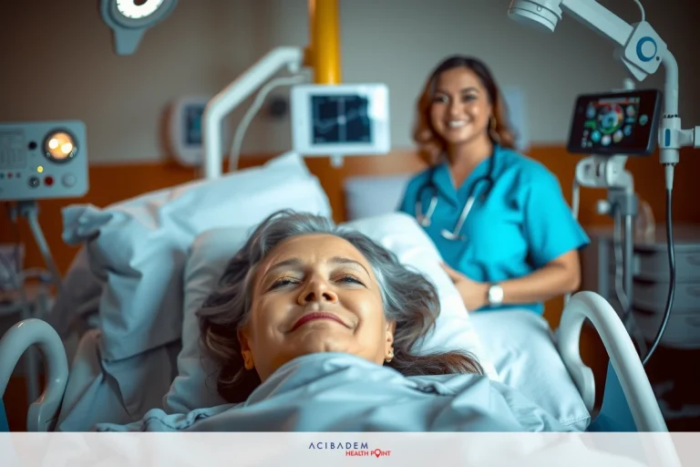 A woman laying in a hospital bed, smiling at the camera while an attendant is dressed in blue and appears to be assisting. A medical setting with various equipment surrounding her.