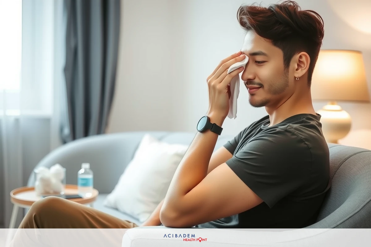 A young man with a beard, wearing a dark T-shirt, sits in a room with light walls and a couch. He holds a napkin over his eyes and looks deep in thought or tired.