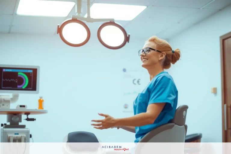 The image shows a woman in a medical setting, likely a medical office. She is wearing professional attire which suggests she could be a medical staff member. The background indicates an environment designed for patient care, with medical equipment visible. Her expression and body language convey a sense of confidence and expertise.