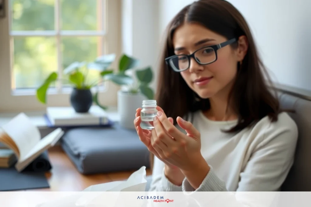 How Long After LASIK Does Dry Eye Develop A woman with glasses is sitting at a desk, holding what appears to be a small object or substance. The room has warm lighting and includes a couch, a potted plant, and a book.