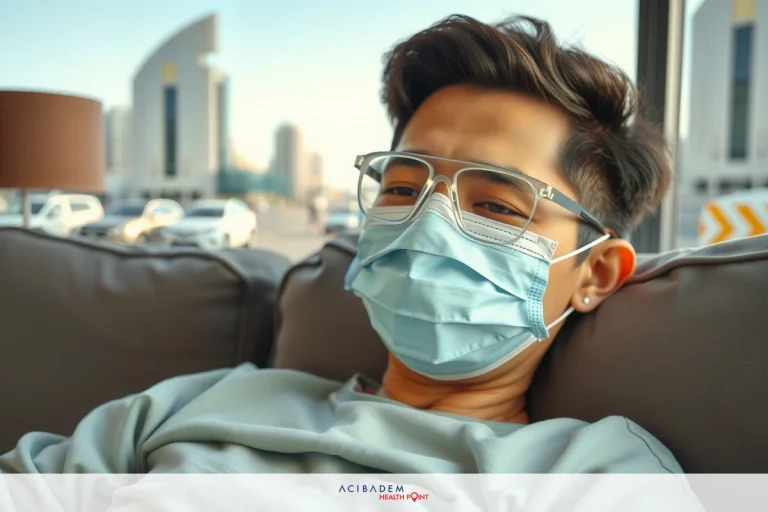 A young man wearing a surgical mask and goggles sits on a couch in an indoor setting, possibly a waiting room or clinic.