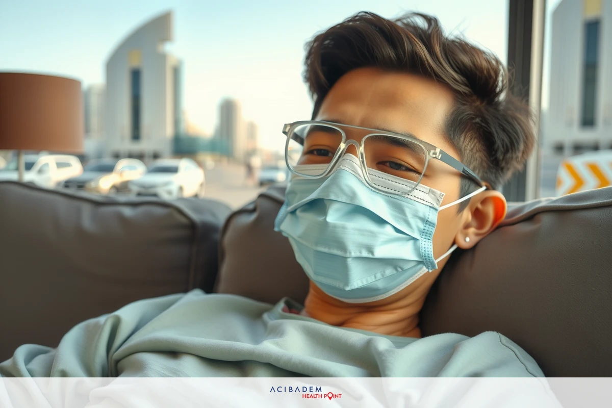 A young man wearing a surgical mask and goggles sits on a couch in an indoor setting, possibly a waiting room or clinic.