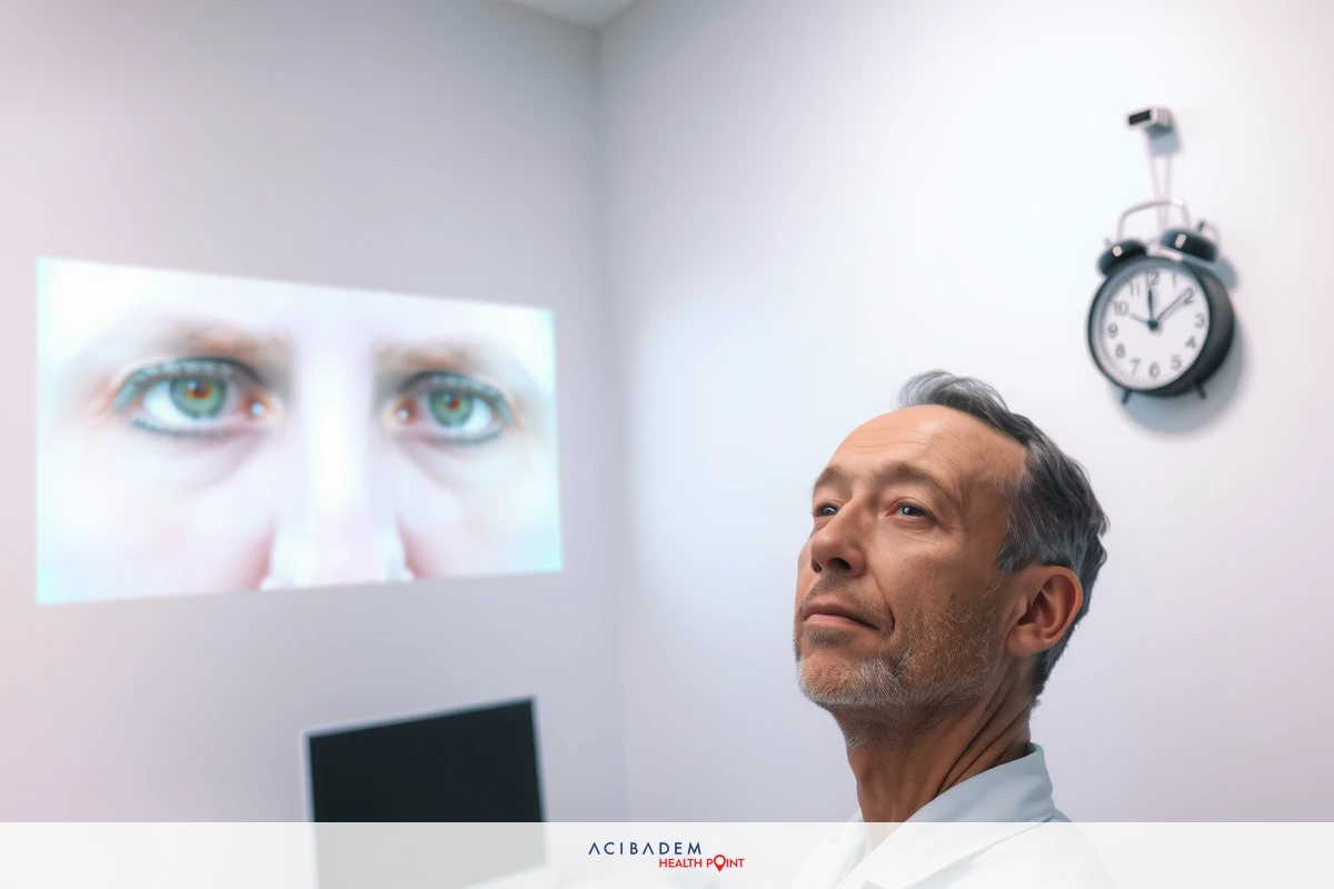 A man in a medical laboratory looks at large projection images of a pair of eyes. There is a clock on the wall of the room and a computer monitor is seen on the table in front of him.