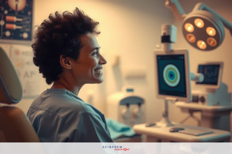 How Long Are Eyes Sensitive After LASIK A person, presumably a healthcare professional, is seated at a desk with various medical equipment. The individual appears to be engaged in a task involving a patient monitor or diagnostic screen. The background suggests this could be an office or clinical setting.