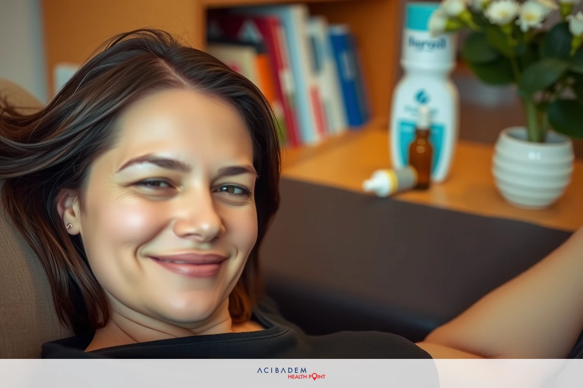 A smiling woman sitting on a couch looks directly at the camera and has short hair. There are books on a bookshelf behind her. Her relaxed posture suggests that she may be enjoying a quiet moment at home or in a casual setting.