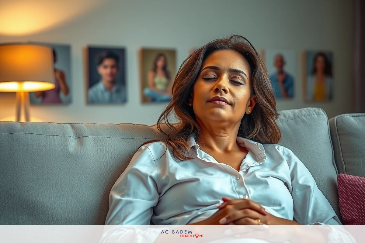 A woman is seated on a sofa with her eyes closed and hands clasped in front of her. She appears to be relaxing or meditating. The room has soft lighting and photos on the wall. Her attire consists of long-sleeve top, suggesting a comfortable indoor setting.