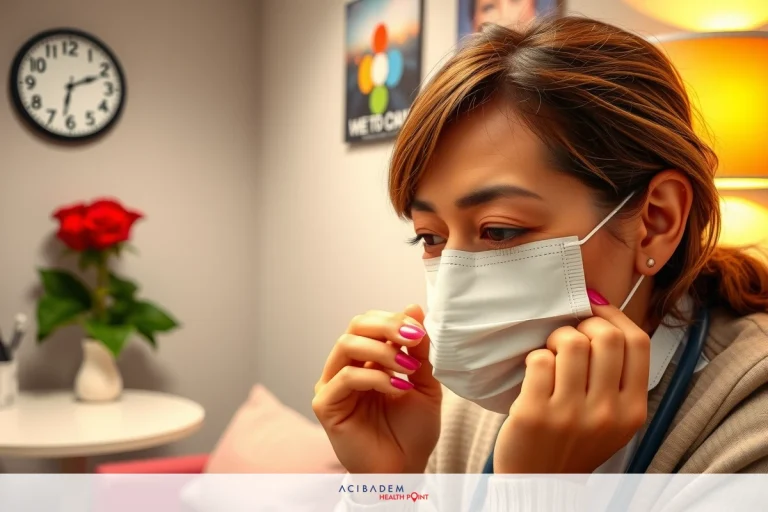 A woman wearing a face mask, with her hands to her chin, possibly in concern or confusion. She is indoors with modern decor.