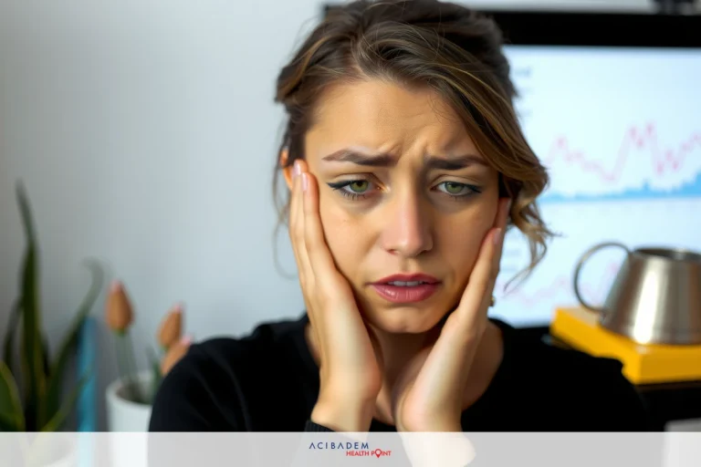 A woman in black, looking distressed, with her hands over her face. Behind her is a graphic screen with data. On the floor are pots of flowers.