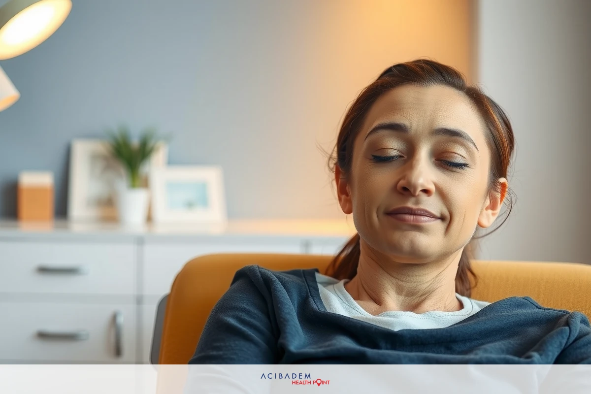 A woman is sitting in an office chair with her eyes closed, as if she's resting or meditating. She has a slight smile on her face. The environment around her appears to be a modern home office with clean lines and neutral colors.