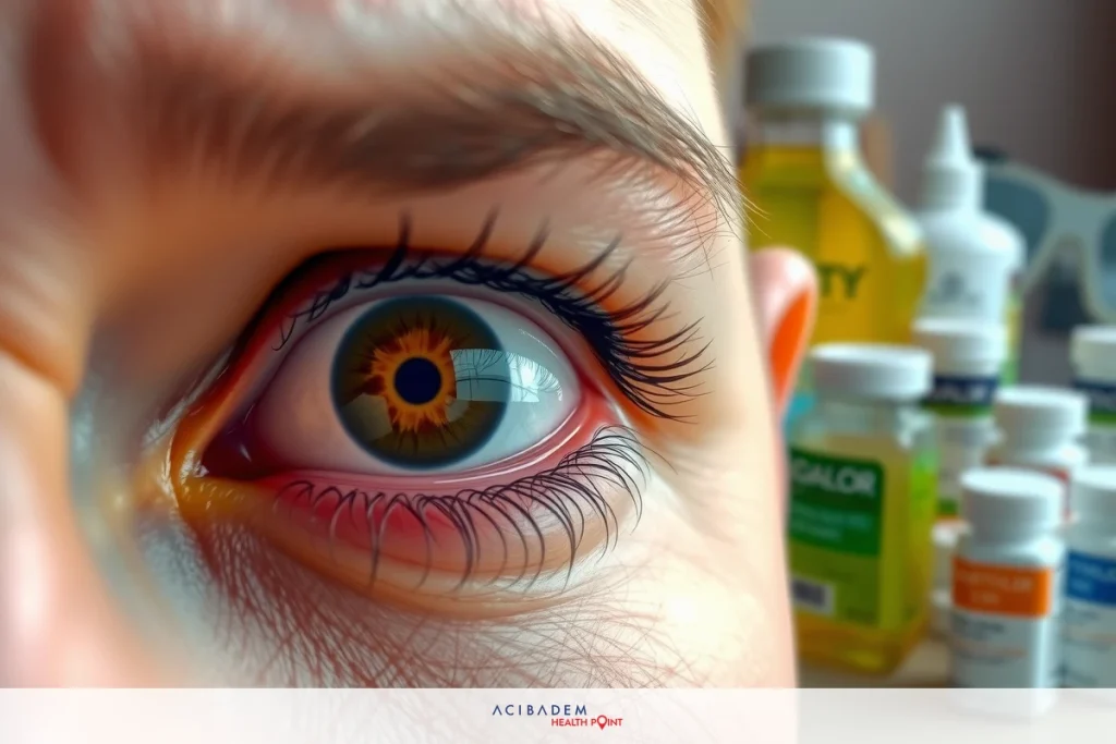 How Long Do Eyes Feel Gritty After LASIK? Close-up view of a person's left eye, showing details of the iris with an irregular shape and possibly indicating an eye condition or discomfort. The image is taken in a home environment with various bottles in the background that could be related to health care or personal grooming products.