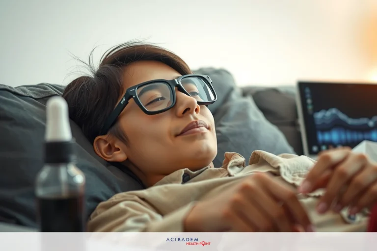 How Long Do Your Eyes Stay Dilated LASIK A person is lying on the couch. They are wearing glasses and have a slight smile on their face. Next to them is a bottle, possibly of medication or a beverage. In the background, there's a laptop open displaying some kind of data chart, suggesting work or research might be involved.