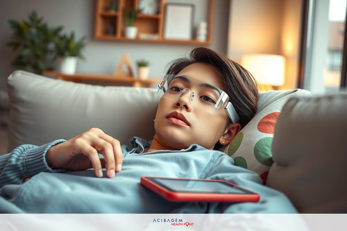 Image of a young person laying on a couch, relaxed with eyes opened. They have glasses on and are looking up. The room has a casual, comfortable atmosphere with soft lighting.