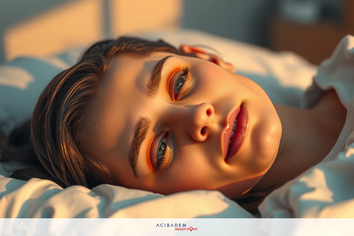 A young woman is lying in bed, her eyes closed and body relaxed. The room has a warm glow, possibly from sunlight or soft lighting.