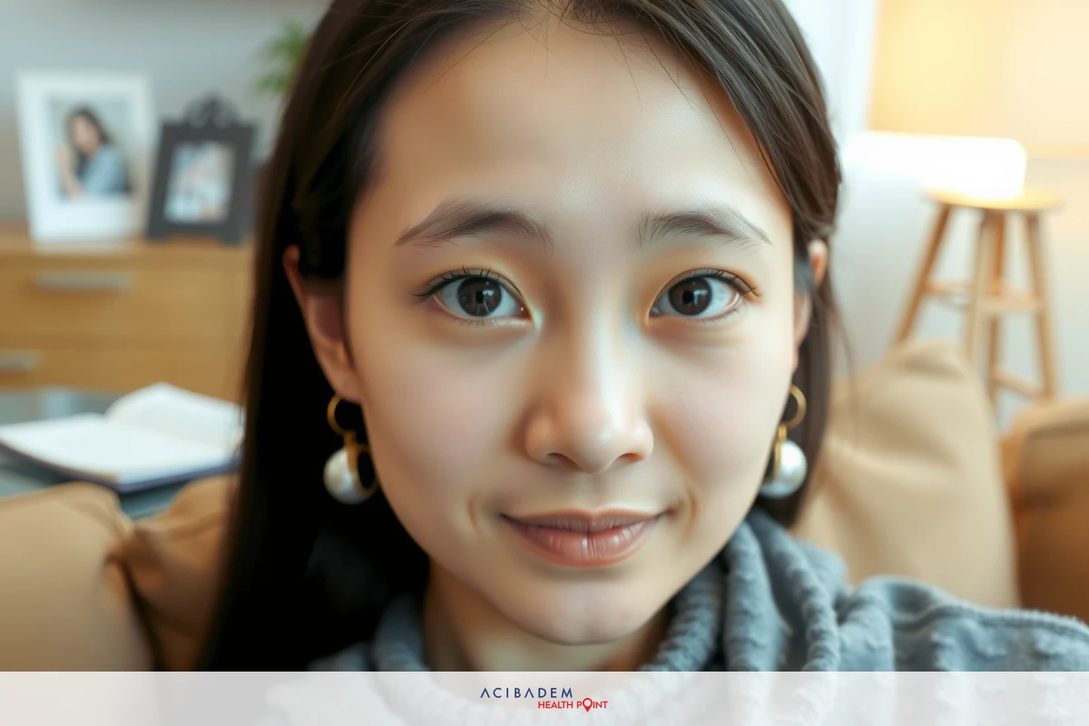 The image shows a young woman sitting comfortably in what appears to be a living room setting. The woman is looking directly at the camera, suggesting she is posing for the photo. There are soft tones in the image, indicating a warm environment. On the table behind her, there is a small potted plant adding a touch of greenery to the room.