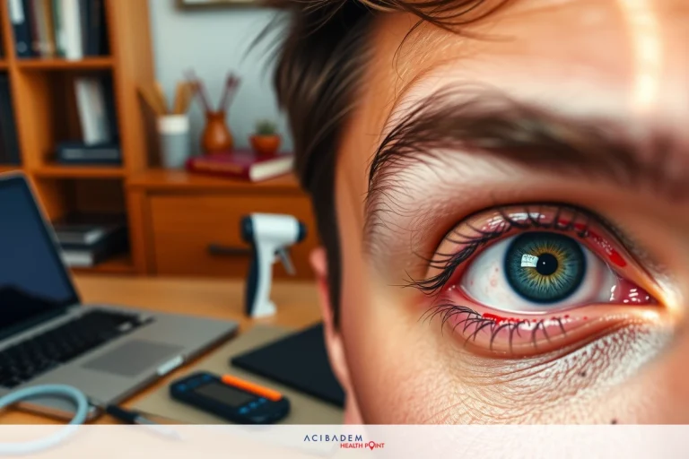 How Long Does Red Eye Last After LASIK? This image shows a person's close-up with bright blue eyes looking into the camera. The individual appears to be in an indoor setting, possibly a home office, with various items such as a laptop, books, and papers scattered around.