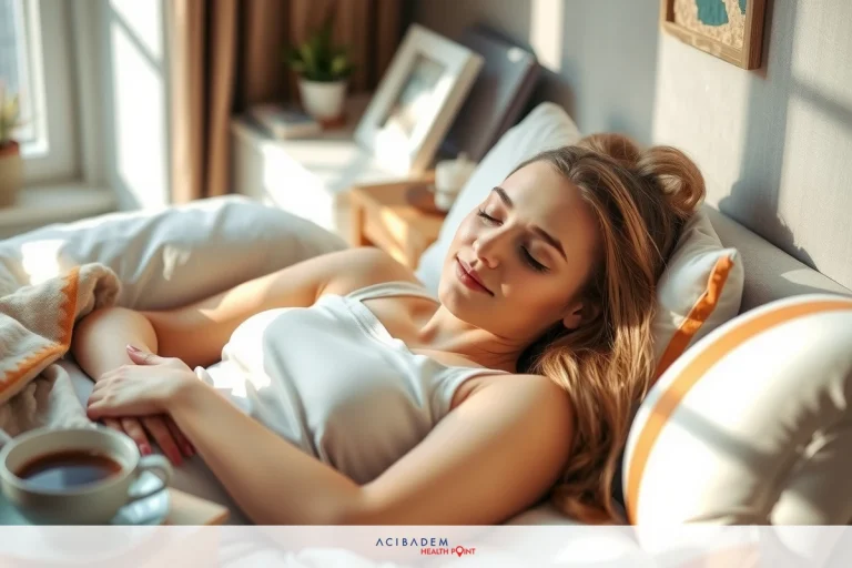 A woman in a white nightgown is lying down on a bed, sleeping. The room is warmly lit with soft sunlight. The bed has orange and beige pillows. A cup of tea is placed next to her hand.