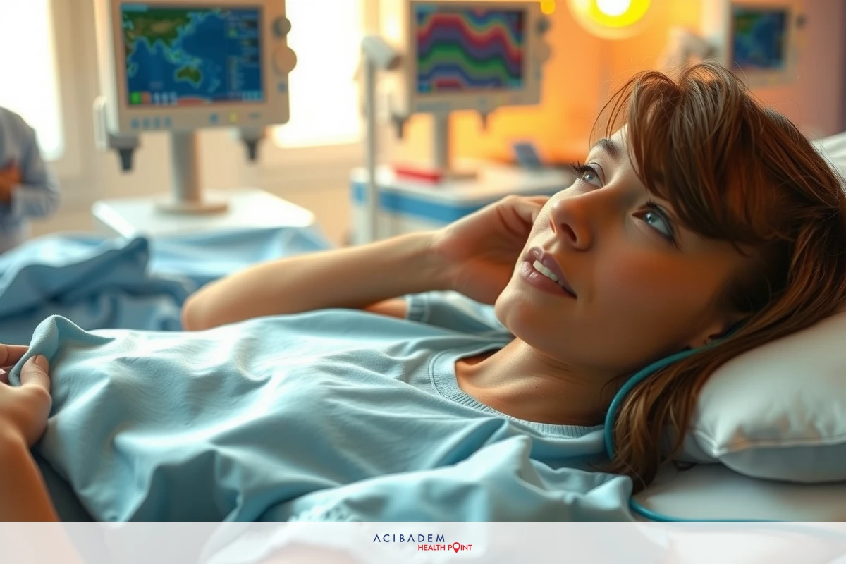 The image shows a hospital scene with a woman lying in a bed surrounded by medical equipment. She appears to be in a state of rest or possibly receiving treatment. The environment suggests a healthcare setting, and the colors are sterile and typical for clinical settings.