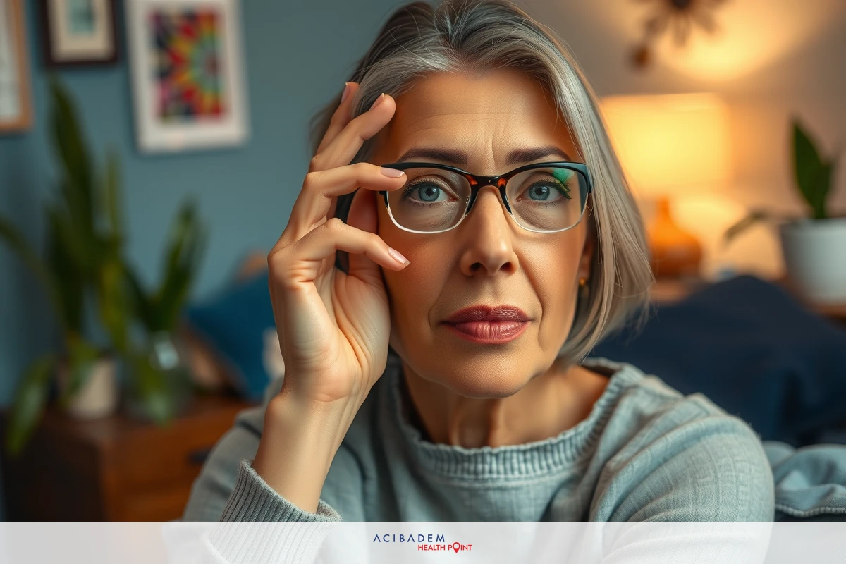 An older woman in glasses looking thoughtful, sitting in a room with a couch and potted plants. The image has a shallow depth of field.
