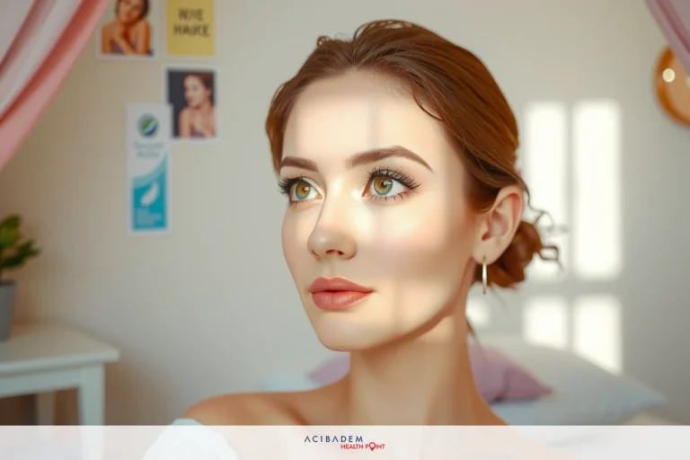 A woman with a neutral expression, looking to the left. She is wearing a sleeveless V-neck top, her hair pulled back, and light makeup. The room behind her has a pink wall with posters or drawings on it.