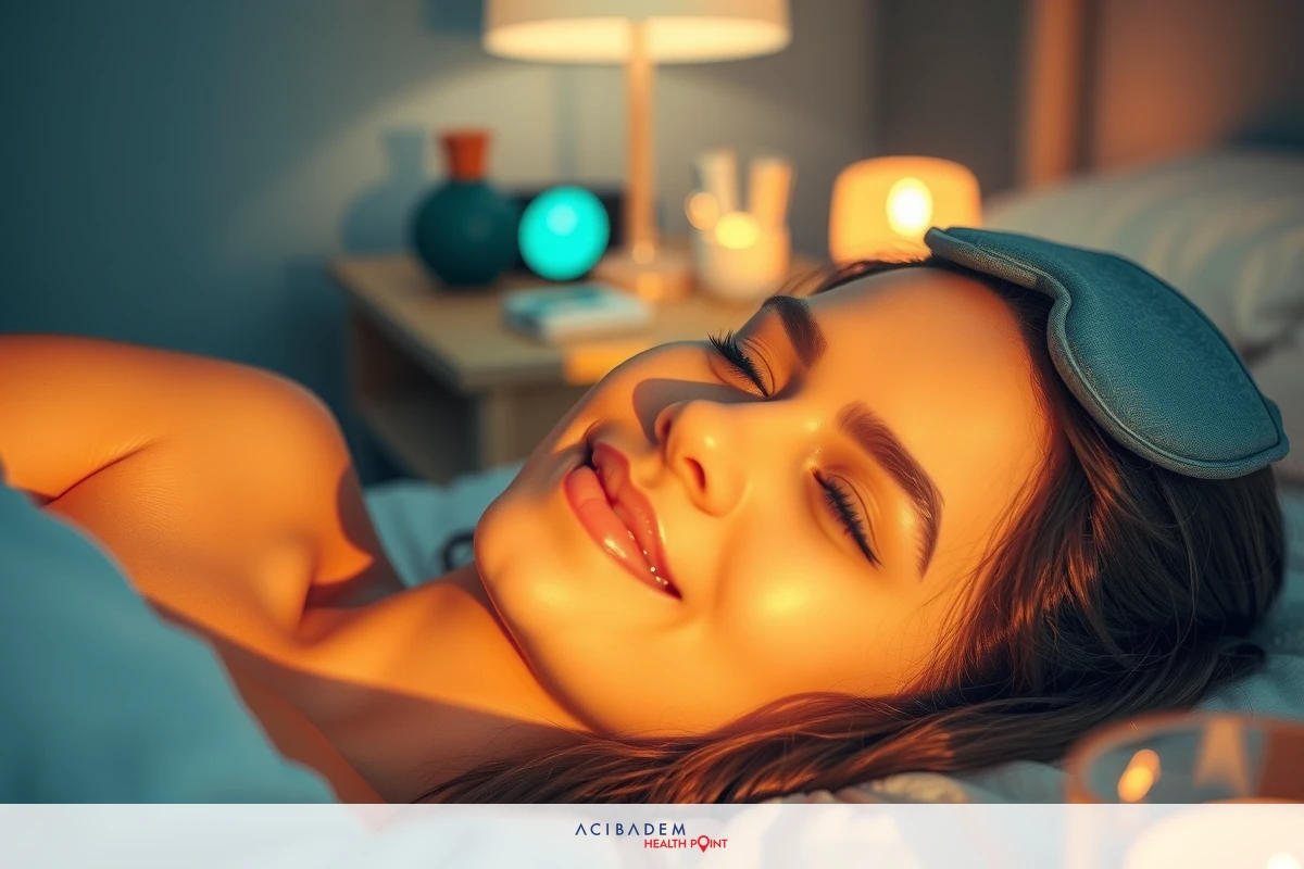 The image shows a woman lying on her back with an eye mask on her head. She appears relaxed and smiling slightly. Her hair is dark and she has a light-colored top or sheet underneath.