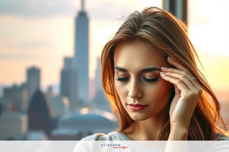 How Long to Expect Dry Eyes After LASIK The image portrays a young woman deep in thought with her hand on her forehead. She is positioned against the backdrop of a city skyline at sunset, emphasizing her contemplative mood. The color palette is dominated by soft pastel tones that lend an introspective feel to the scene. Her attire and the overall setting suggest a professional or urban context.