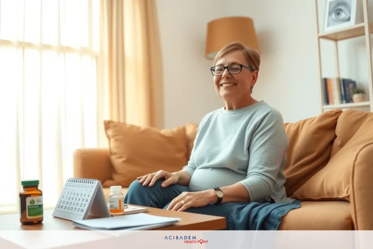 A smiling woman wearing glasses sits on a beige couch in a closed living room. Papers, a calendar, and medicine bottles are on the table in front of her. Sunlight coming in from the window of the room shows that it is daytime.