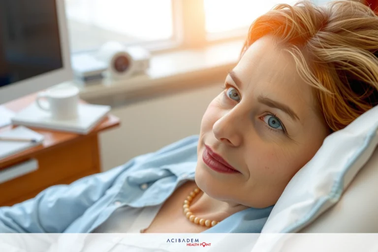 A woman is lying in a hospital bed, wearing a light blue shirt and looking at the camera. The room has natural sunlight coming through the window.