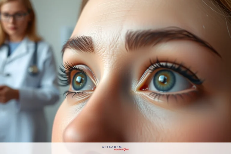 Close-up of a woman's face with an eye examination. Eye doctor in background wearing stethoscope around neck, suggesting medical examination.