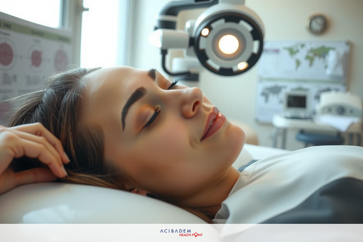 The image shows a person lying down on what appears to be a medical examination table, equipped with a headrest and possibly other instruments. The individual has an expression of relaxation or slight unease. There are various pieces of medical equipment around the table, suggesting a clinical setting. The lighting is neutral, likely from the overhead lights commonly found in such environments.