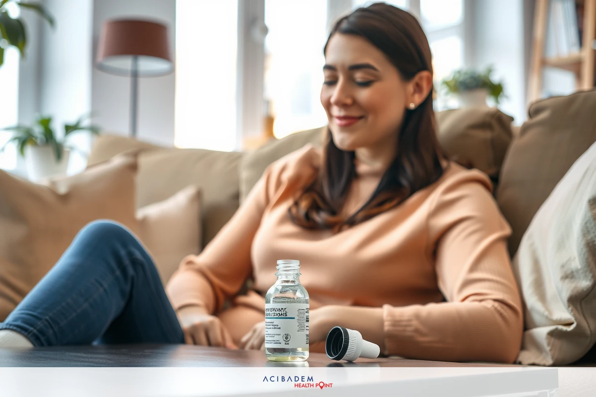 The image depicts a woman sitting on a sofa indoors. She is wearing casual attire and appears to be smiling or engaged in a pleasant moment, possibly at home. There are two objects on the coffee table in front of her: Something that looks like a bottle, probably a bottle of eye drops.