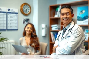 In a modern office setting, a smiling male doctor in a white coat sits on a couch in front of a blonde female receptionist. Both are wearing professional attire and are in a friendly interaction with the receptionist holding papers or files.