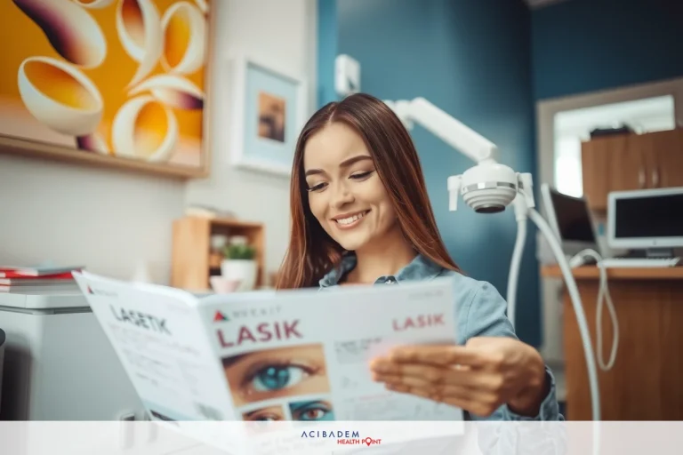 How Much Does LASIK Cost for a Bad Eye A young woman reading a magazine about eyes, possibly related to optometry or eye health. The office has modern decor with blues and greens dominating the color scheme.