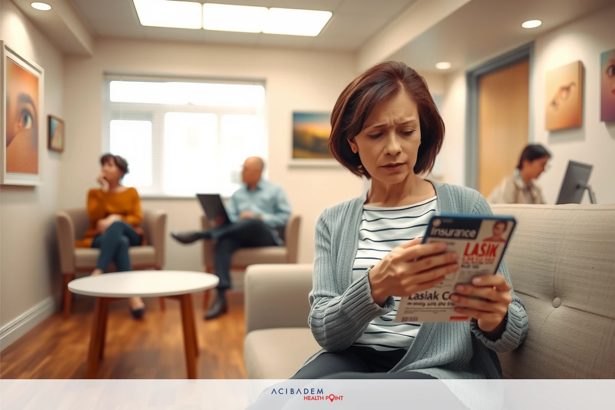 The image depicts a waiting area with several people and furniture. In the foreground, a woman is sitting on a sofa, holding a magazine or booklet in her hands. The room has a warm, welcoming atmosphere with natural light coming through windows. There are various pieces of artwork displayed on the walls.