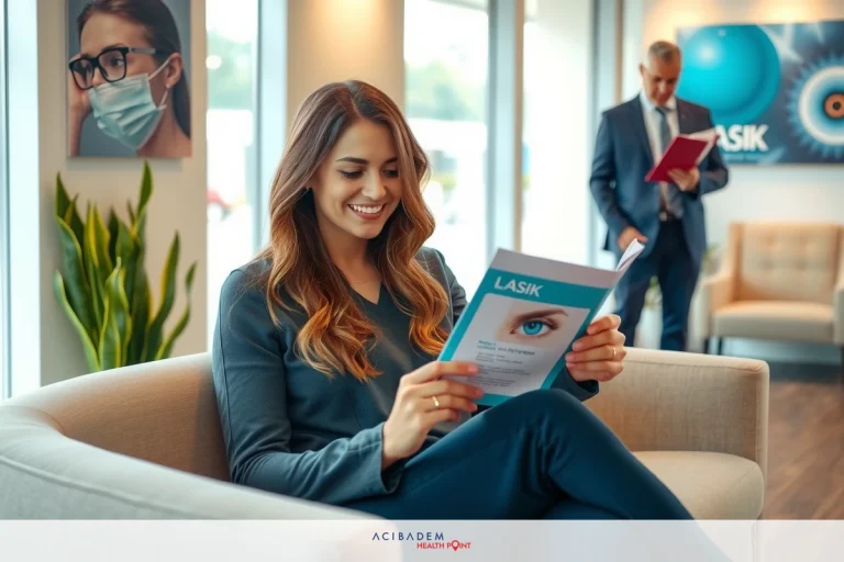 Woman sitting on couch in modern office environment, reading brochure with smiling face and professional attire. Office decor includes artwork and plants.