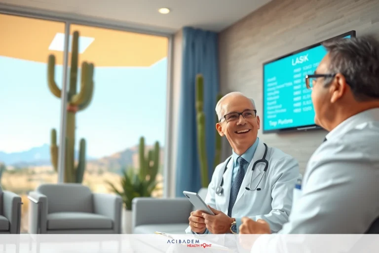 How Much Does LASIK Eye Surgery Cost in Arizona? Two doctors, one with a stethoscope around his neck, in a modern doctor's office discussing patient information on tablet screen. The office has a large window offering a view of a desert landscape and cacti.