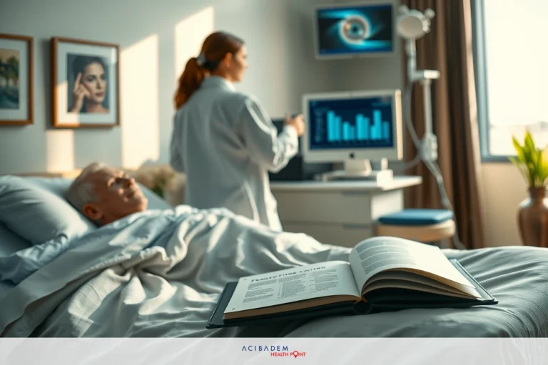 The image shows a medical setting with a patient lying in a hospital bed. The doctor, wearing white scrubs, is looking at the patient's monitor screen. There are framed pictures on the wall behind them, suggesting a personal touch to the clinical environment.