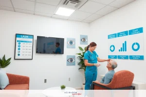 In the image, a medical office setting is depicted. A healthcare professional in uniform, likely an eye doctor given the context, is attentively examining the eye of a patient seated in a chair. The environment is modern and well-lit with blue and white color schemes that convey cleanliness and professionalism. On the wall behind the doctor are visual aids, possibly educational materials or information about the clinic's services and features such as online booking and an attention to detail graphic.