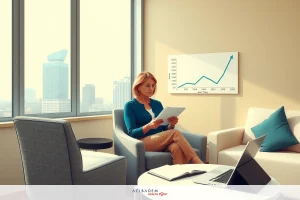 This image depicts a professional office setting with a woman seated at a desk in front of a window. She is looking at documents and appears to be engaged in work or analysis, possibly related to business data shown on a graph on the wall behind her. The room has modern furniture, including a couch and chairs, suggesting a comfortable yet professional environment.