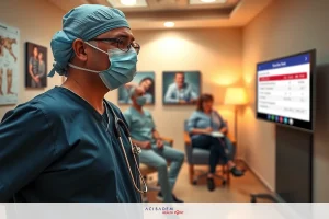Medical professional wearing surgical mask and scrubs, standing in a room with a large screen displaying medical data, suggesting a focus on patient health information.