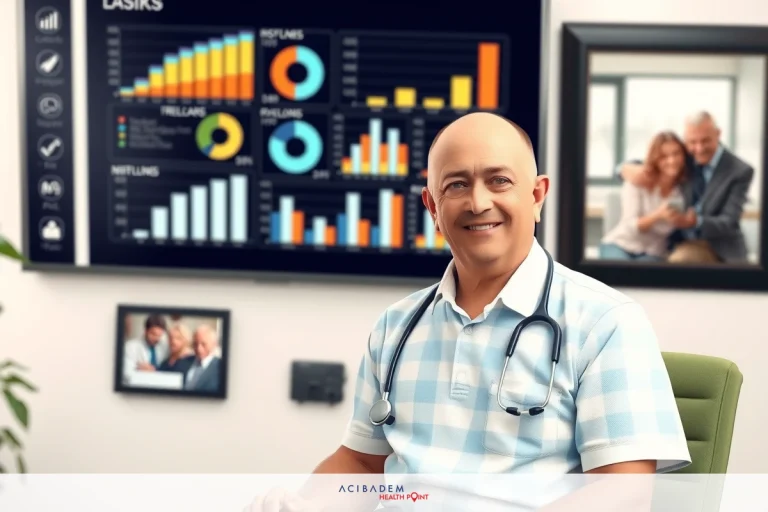 How Much Does LASIK Eye Surgery Cost in Singapore? The image shows a man sitting in an office setting. He is wearing a blue checkered shirt and appears to be smiling or speaking. Behind him, there's a large screen displaying various charts and graphs, suggesting he might be reviewing medical data or presenting findings.