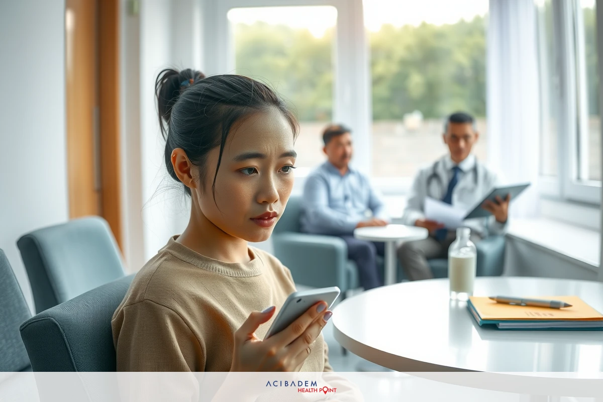 This is a photograph of a young woman engaged with her cell phone while seated at a meeting in an office environment. The woman appears to be focused on her device, possibly reading or typing. Around her, there are professional individuals who might be colleagues participating in the discussion. The setting suggests a modern workspace with natural light coming through windows.