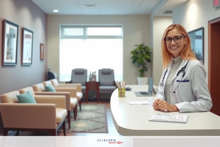 An interior medical office setting with a smiling female physician wearing a white lab coat at the counter, surrounded by various furnishings including chairs and plants.