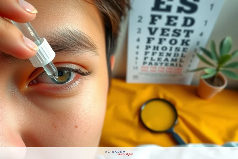How Often Do You Use Eye Drops After LASIK A close-up of a person's eye is visible. The hand holds an eye dropper for medication. In the background, there is a paper eye test chart and a magnifying glass.