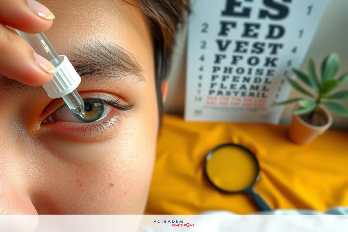 A close-up of a person's eye is visible. The hand holds an eye dropper for medication. In the background, there is a paper eye test chart and a magnifying glass.