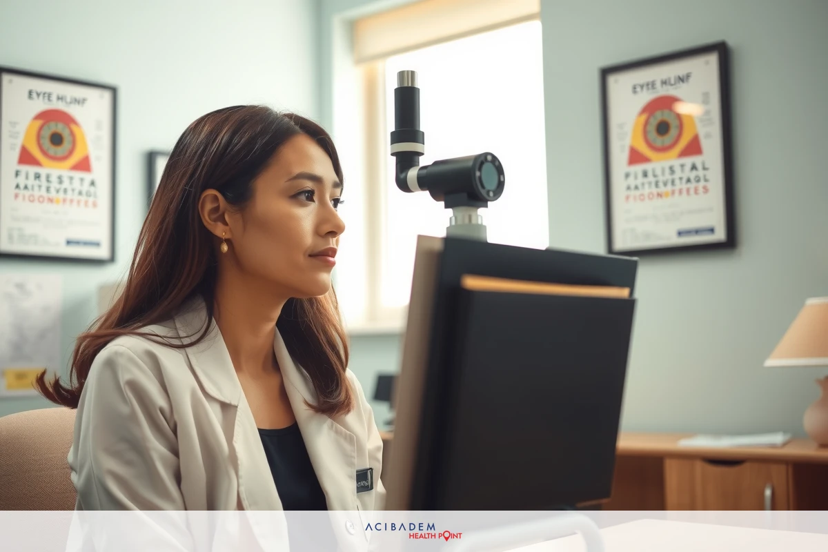 In the image, a woman is sitting at a desk. She appears to be looking ahead with a worried or serious expression. In front of her is a computer monitor showing some data. To the left and right of the scene, there are posters or charts hanging on the wall. The setting suggests that this could be a doctor's office or similar medical setting.