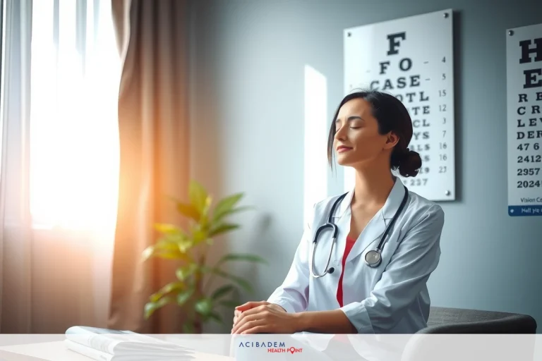 How Often Should I Get an Eye Exam After LASIK? A professional doctor in a medical office, possibly during a consultation or break. The environment is clean and well-lit with warm lighting and a window indicating the time of day.